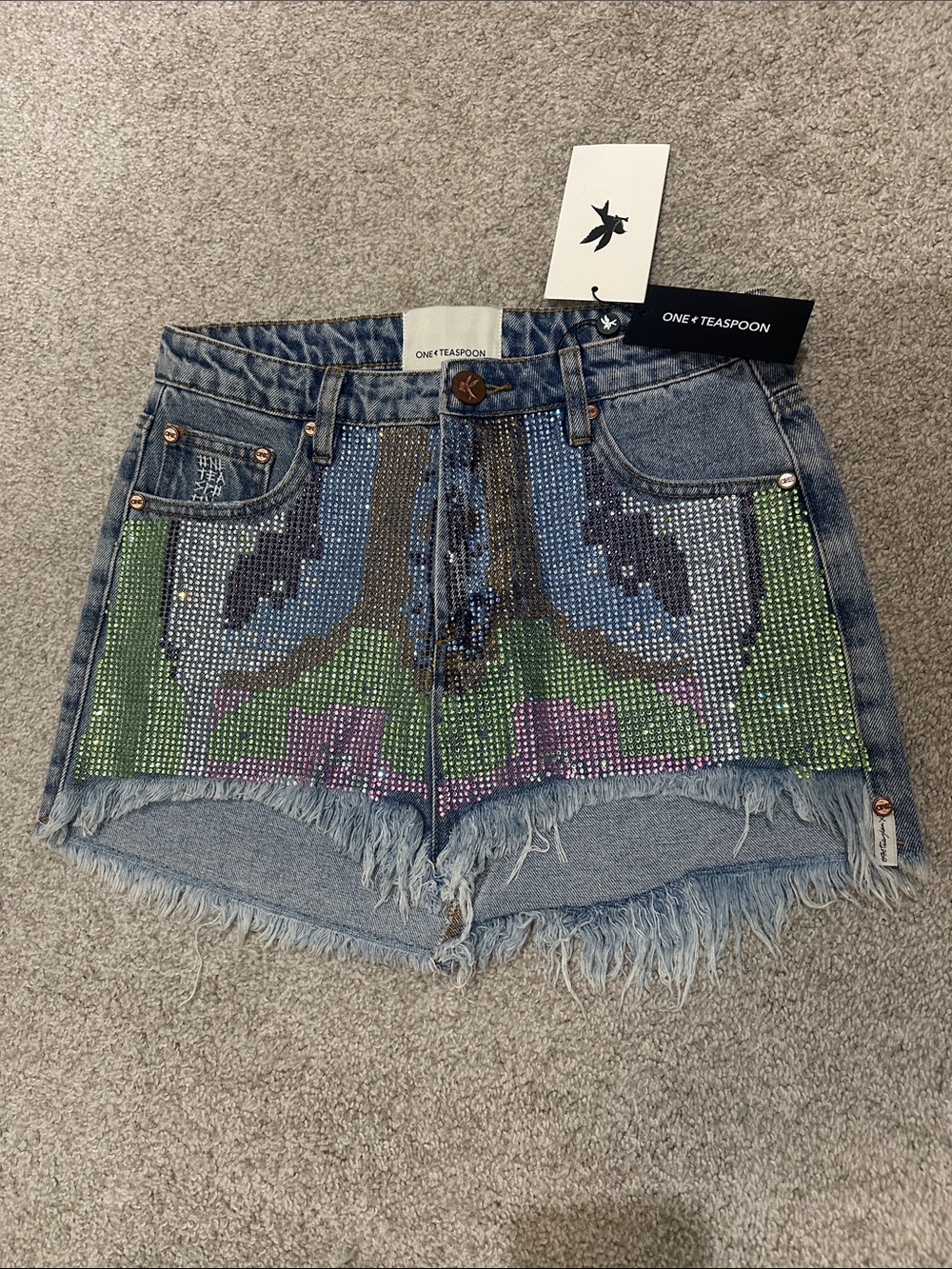 One Teaspoon Denim Skirt with Multicolor Hand Placed Sequin Mosaic